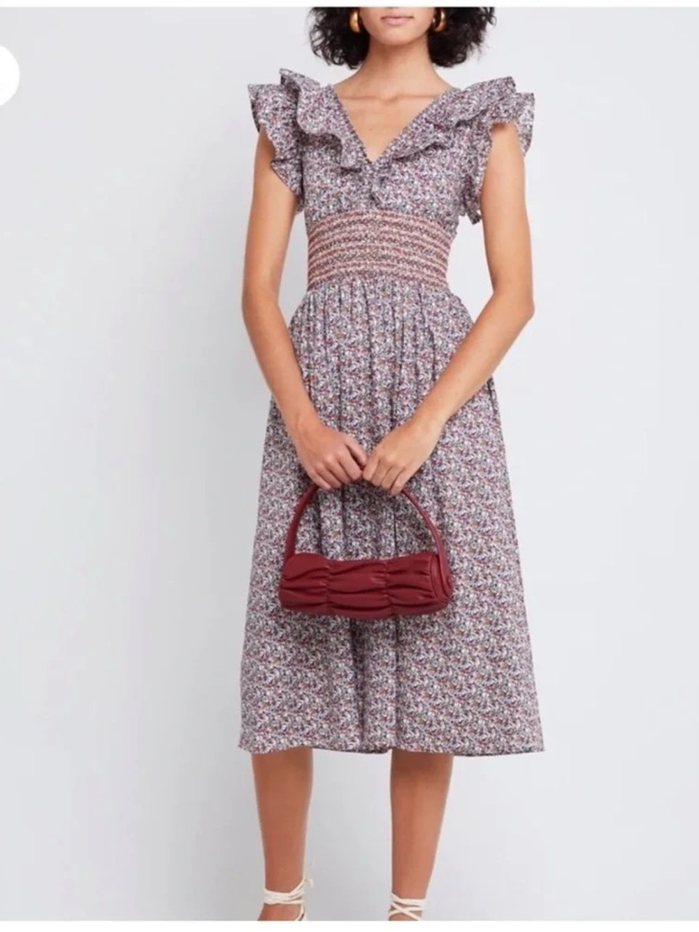 O.P.T. Smocked Waist Ruffle Midi Dress in Mauve Floral - NWT size S